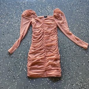 Blush Pink Ruched Mesh Dress - Long, poofed sleeves